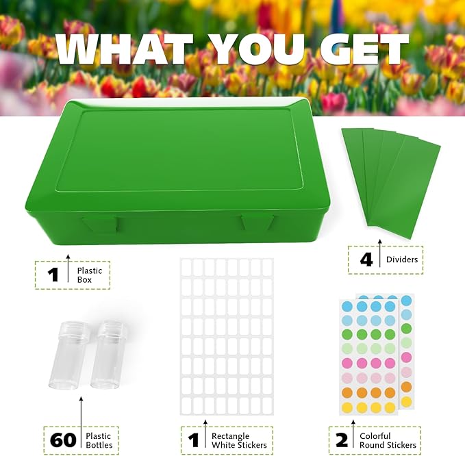Seed Organizer Storage Box, Green Opaque Light Proof Seed Bank with 60 Transparent Bottles & Labels, Seed Holder Packet Organizer, Seed Vault Container for Homesteaders, Garden Tackle and Sorter PLAIN