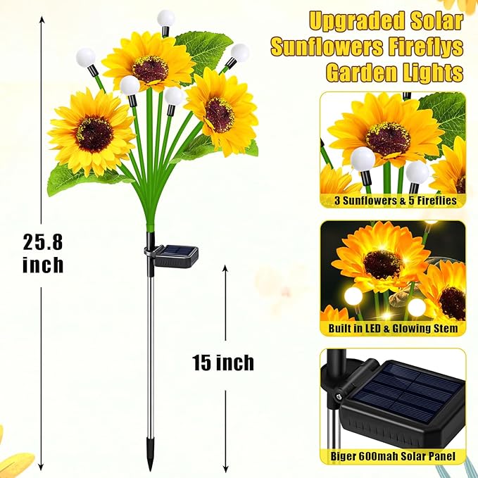 6 Pack Sunflower with Firefly Lights,Solar Lights Outdoor Garden Decor,Solar Flowers Lights Waterproof,Sunflowers Birthday Gifts for Mom Women,Decorative Stakes Fairy Lights for Yard Patio Lawn