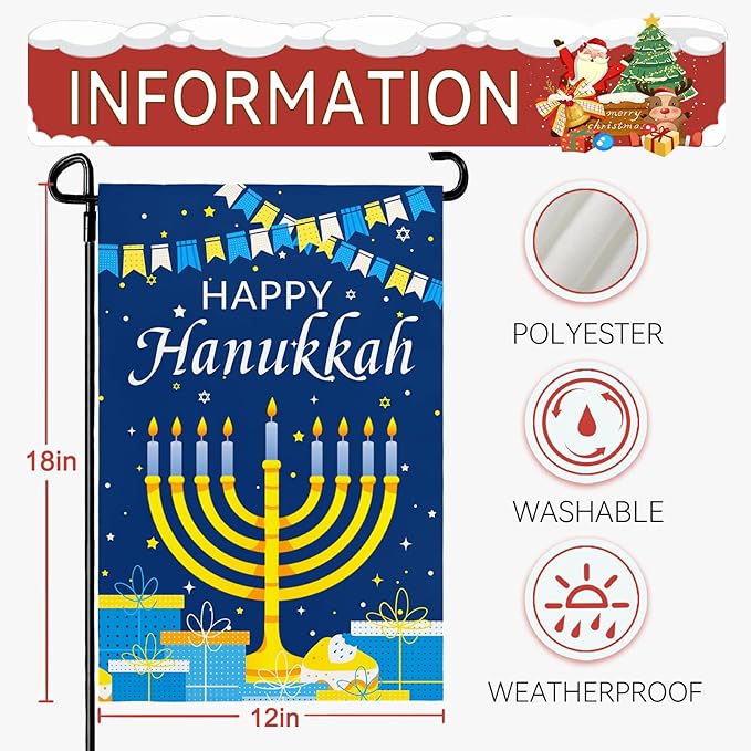Happy Hanukkah Garden Flags 12 x 18 Inch Double Sided Jewish Holiday Menorah Star Candles Yard Flag for December Hanukkah Outdoor Decorations for Outside garden yard