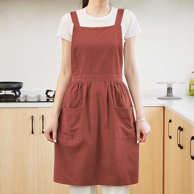 Cotton Linen Pinafore Apron Dress for Women with Pockets Cute Art Chef Aprons for Kitchen Baking Gardening Painting