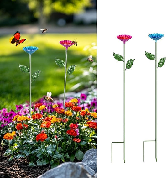 2 Pack Bee Watering Station,Colorful Metal Insect Bath Feeder for Garden, Butterfly Feeder and Bird Drinking with Flower Design, Outdoor Yard Decor (Red, Blue)