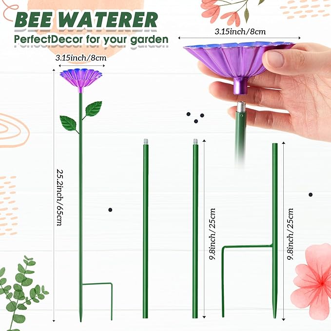 Tandefio 1 Pcs Bee Bath Watering Station, 25 x 2.6 Inch, Metal Flower Bee Feeder for Garden, Colorful Butterfly Feeder & Outdoor Pollinator Station for Birds, Bees & Butterflies(Purple)