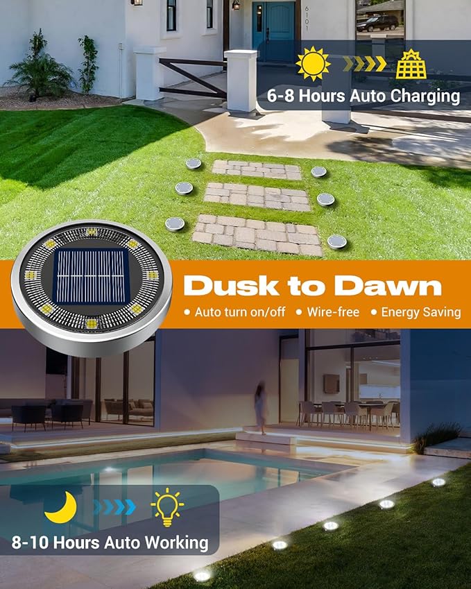 btfarm 12 Pack Solar Lights Outdoor, 8 LED Solar Ground Lights IP65 Waterproof Flat Solar Disc Light, Pathway Lights for Garden Lawn Patio Yard Path Landscape, Cool White
