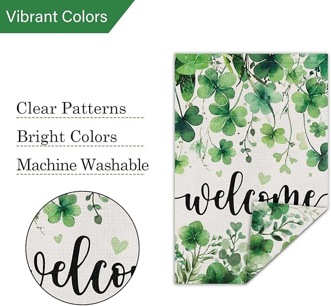 Louise Maelys St Patrick's Day Garden Flag Shamrock Clover Welcome 28x40 Inch Double Sided Large Burlap Love Heart Saint Patricks Spring Holiday Yard Outdoor Sign Outside House Decor