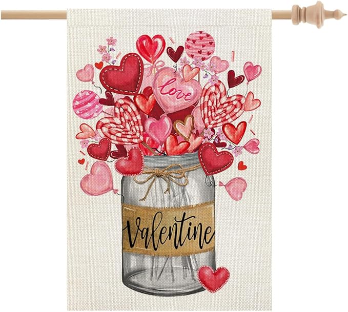 CROWNED BEAUTY Valentines Day House Flag 28x40 Inch Double Sided Large Burlap Holiday Mason Jar Floral Pink Flag for Outside Yard CF1212-40