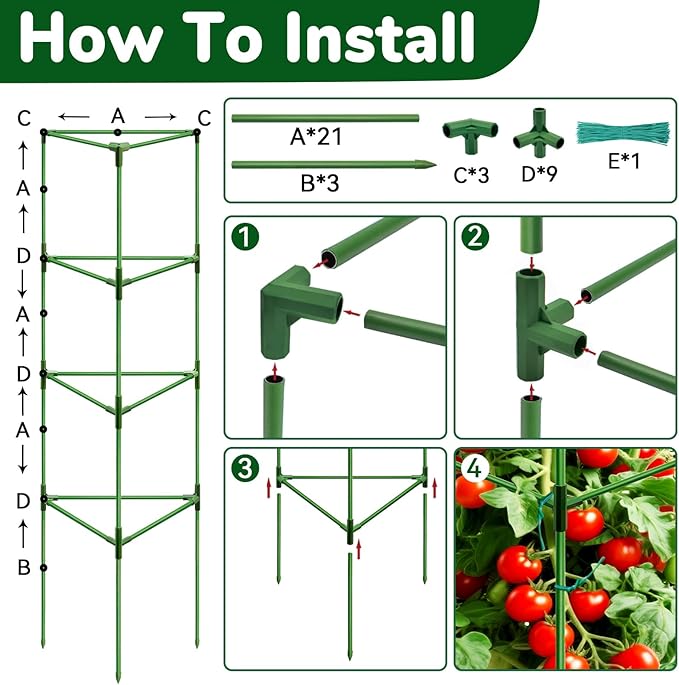 [Upgraded] ZeeDix 57 Inch Tall Tomato Cages for Garden, 6 Pack Large Plant Trellis Support Stakes for Climbing Plants, Heavy Duty Adjustable Tomatoes Cage for Pots, Raised Garden Bed Outdoor Supplies