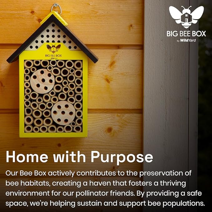 WildYard Bee House - Yellow, Modern Wood - Weather-Resistant Refuge & Solitary Bee House - Easy-Mount Design & Bug Hotel with Removable Tubes - Modular Nesting Tubes & Pollinator Hotel Appeal