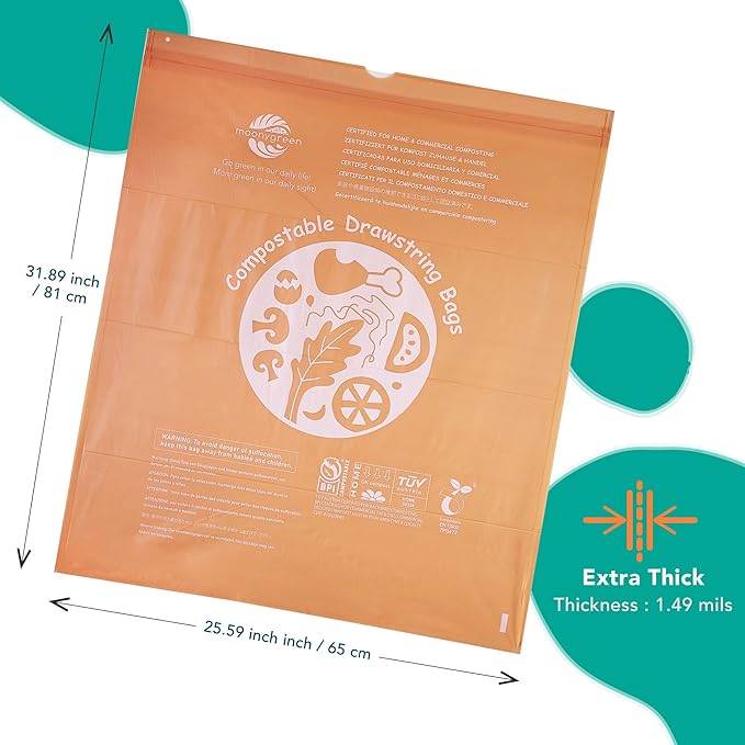 Compostable Trash Bags 13 Gallon, Drawstring Bin Bags, Heavy Duty Waste Bags, Extra Thick, Certified US BPI ASTM D6400, 49.2 Liter, 30 Counts