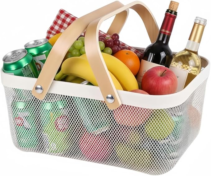 Portable Mesh Harvest Basket - Natural Bamboo Handle Foldable Organizer for Kitchen, Garden & Picnic | Ventilated Storage Bin with Rust-Proof Wire, Space-Saving Farmhouse Decor (White)