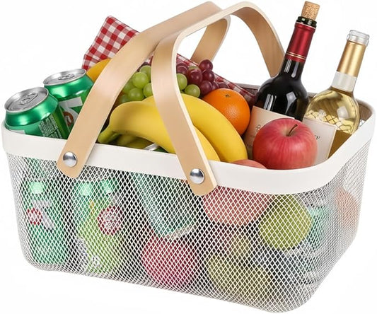Portable Mesh Harvest Basket - Natural Bamboo Handle Foldable Organizer for Kitchen, Garden & Picnic | Ventilated Storage Bin with Rust-Proof Wire, Space-Saving Farmhouse Decor (White)