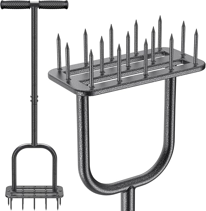 BeneLabel Spike Lawn Aerator Hand Held Spike Manual Aerator Lawn Tool with 15 Metal Spikes Grass Aerators for Yard with Wide Foot Plate & Soft Rubber T-Handle Revives Lawn Health, Loosening Soil
