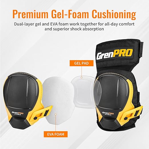 Black Knee Pads for Work - Heavy Duty EVA & Gel Support for Construction, Flooring, Gardening and Cleaning