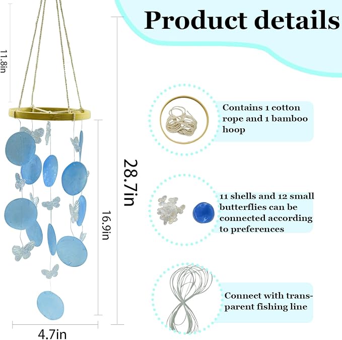Wind Chimes Making Supplies Kits for Adults Arts and Crafts-DIY Wind Chime Parts with Round Capiz Shells Butterfly Twine String Bamboo Hoops Fishing Line for Birthday (Green)