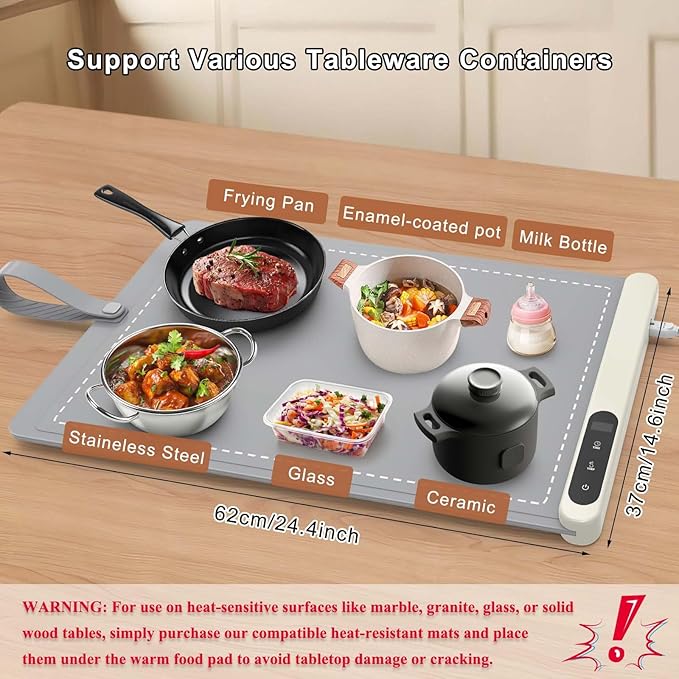 FYY Warming Mat for Food - Rapid and Full Surface Heating, 6 Temp Settings, 6H Timer, Rollable Portable Food Warming Mat, Ideal for Gatherings, Parties, Keep Meal Warm (X Large Size, Gray)