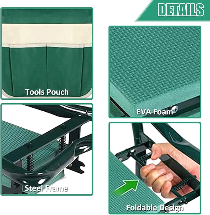 Garden Kneeler and Seat, Soft EVA Kneeling Pad Stool with Tool Pouch, Heavy Duty Foldable Gardener Stool, Green