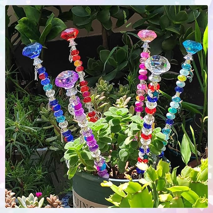 140Pcs DIY Garden Stakes Decorative Beadable Items for Different Festivals Fairy Wand Beaded Garden Stakes Kit Fairy Garden Accessories Outdoor (Diamonds)