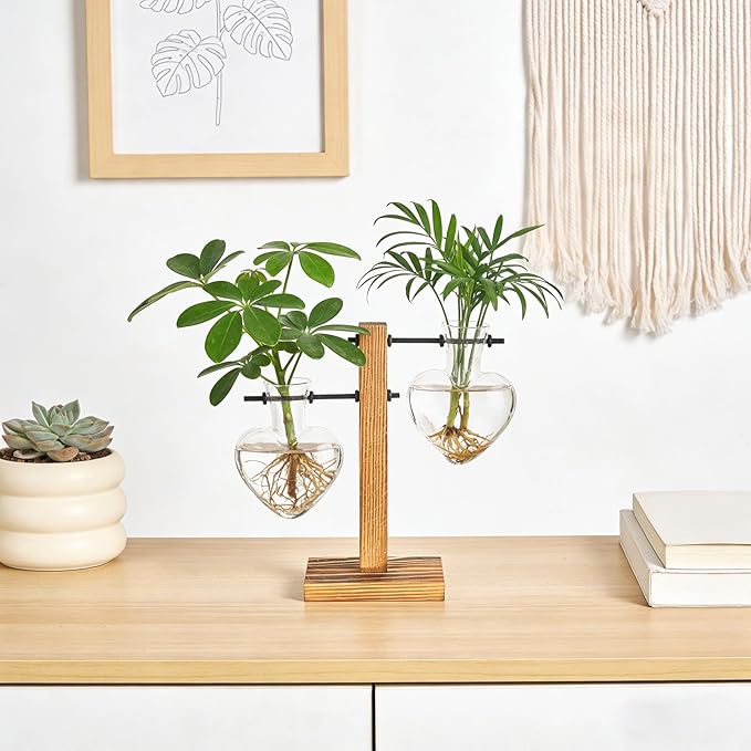 Mkono Heart Shaped Propagation Station with Wood Stand, Glass Hydroponic Planter Desktop Plant Terrarium for Home Office Decor, Gifts for Plant Lovers - 2 Love Bulb Pot Vase
