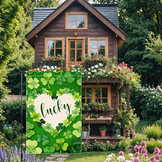St Patrick's Day Garden Flag 12x18 Inch Double Sided Burlap Lucky Shamrock Heart Green Clover Pattern Holiday Yard Patio Irish Festival Outside Decorations