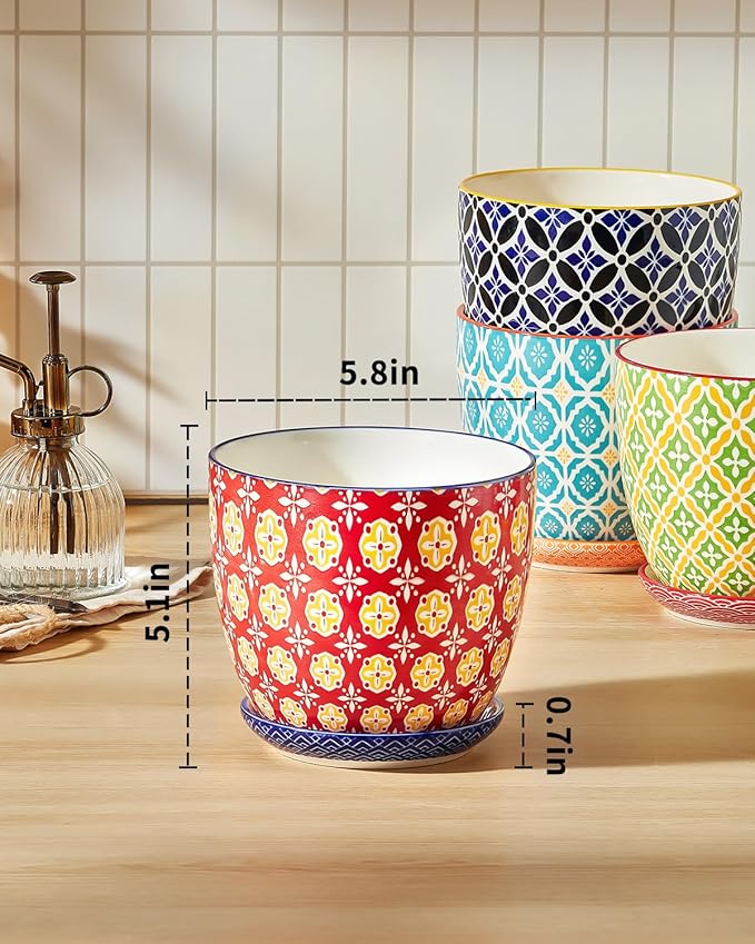 Ceramic Plant Pots, 5.8 Inch Flower Pots for Indoor Plants, Colorful Planters with Drainage Hole & Saucer, Garden Planters for Succulent, Orchid, Cactus, Home Decor, Set of 4