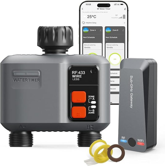 WiFi Sprinkler Timer 2 Zone with 984 Feet RF Gateway, 2 Outlet Smart Water Timer for Garden Hose with Rain Delay/Manual/Automatic,WiFi Water Hose Timers for Garden & Lawns