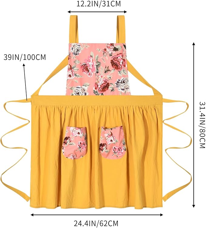 Vintage Pinafore Apron Dress for Women with Pockets Cute Floral Chef Aprons for Kitchen Cooking Baking Gardening