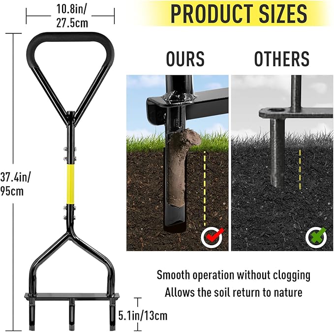Jardineer Lawn Aerator Coring Tool, Manual Hollow Tine Aerator with 5-Inch Deep Hollow Tines and Triangular Handle for Stability, Grass Aerators for Soil Aeration, Lawn & Garden Care