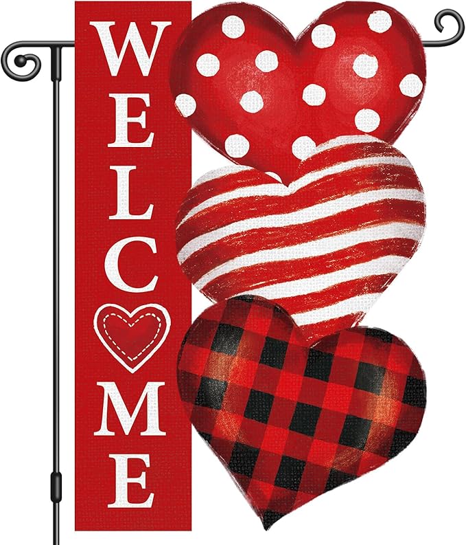 Heyfibro Valentine's Day Garden Flag Valentine Outdoor Decorations Double Sided 12x18inch Love Heart Banner Yard Flags for Outside Anniversary Wedding Party Holiday House Seasonal Decoration