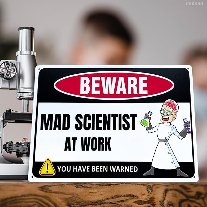 Mad Scientist at Work Desk Decor Tin Sign - Laboratory Posters for Wall - Metal Wall Decor - Science Gifts for Adults - Funny Science Classroom Decor - Party Decorations