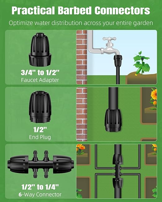 Pawfly Drip Irrigation System for Garden, 240FT Drip Irrigation Kit with 1/2" & 1/4" Tubing Adjustable Emitters Fittings and Accessories, Garden Watering System for Garden Greenhouse Lawn Yard