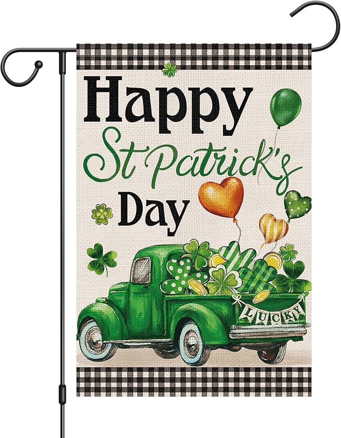 Shamrock Happy St Patrick's Day Garden Flag 12x18 Inch Double Sided, Burlap Green Lucky Clover Truck Holiday Yard Flag for Outside Yard Decoration