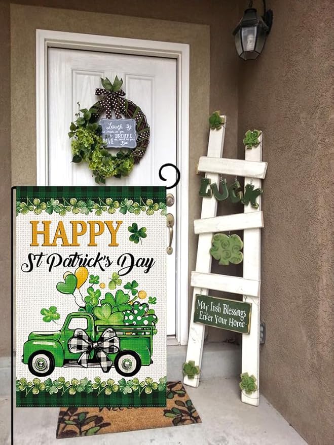 Doncida St Patricks Day Shamrocks Truck Garden Flag 12x18 Inch Double Sided, Burlap Lawn Buffalo Plaid Yard Flag for Outside Decoration