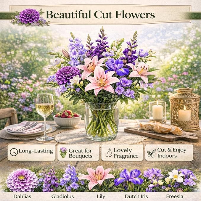 Royal Purple 64-Bulb Butterfly & Bee Pollinator Garden Mix – Premium Dahlias, Gladiolus, Lilies, Dutch Iris & Freesia | Easy-to-Grow Deer-Resistant Perennials | Summer Bloom, Spring Planting