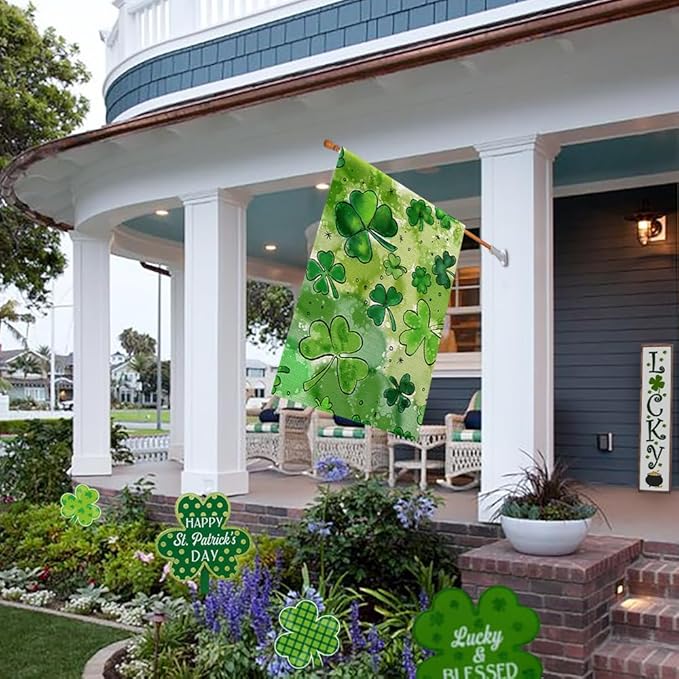 St Patricks Day House Flag for Outside 28x40 Inch Burlap Double Sided, Watercolor Green Lucky Shamrock Clover Sign Large Farmhouse Yard Outdoor Decoration DF434-28
