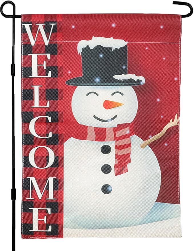 Christmas Garden Flag Decorations,12 * 18in Double Sided Snowman in Buffalo Plaid Scarf with "WELCOME" Sign Decor for Porch Yard Outdoor Holiday Festive Home Welcome