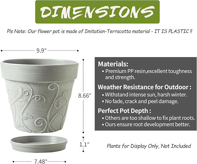 Melphoe Plant Pots Indoor with Drainage & Saucer, 2Pack 10 inch Flower Pots Outdoor Planters for Indoor Plants Garden Home Decor Cactus Succulent, Rigid Plastic (Imitation-Terracotta) Vine-Embossed