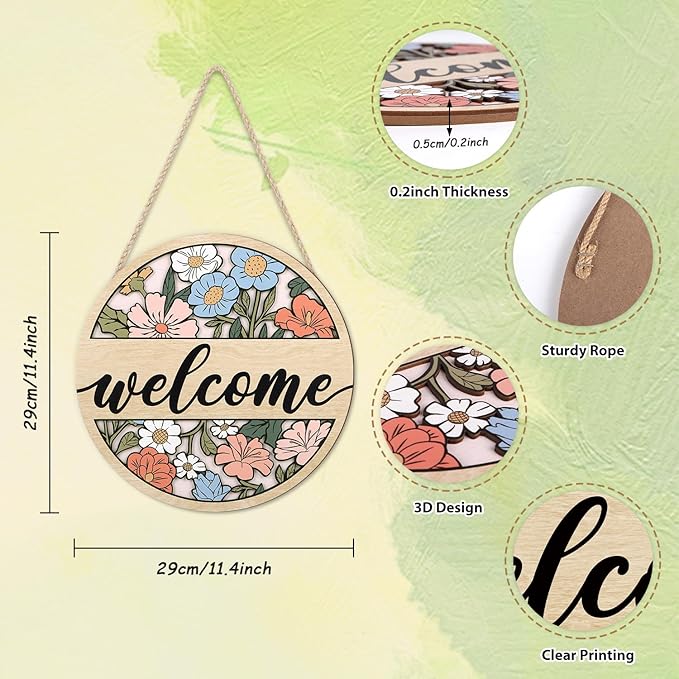 HOURIA 3D Vintage Welcome Front Door Sign(11.4”x11.4”),Boho Daisy Flower Wooden Door Wreath,Rustic Spring Summer Floral Wall Hanging Decor for Farmhouse Porch Home Indoor Office