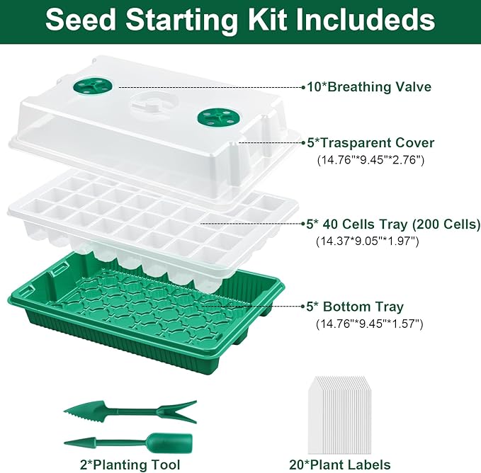 5 Pack Seed Starter Tray Seed Starter Kit (200 Cells Total Tray) with Adjustable Humidity Dome, Plant Germination Trays, Seed Starting Trays Mini Greenhouse Germination Kit for Seeds Growing Starting