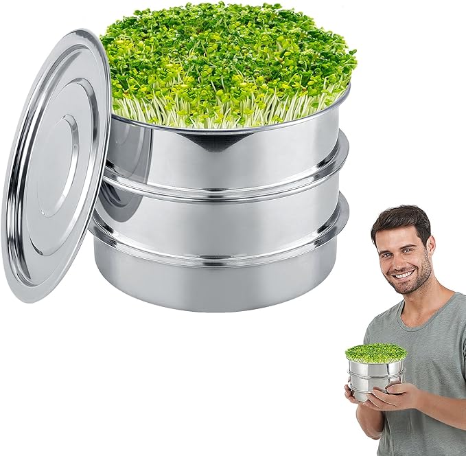 Stainless Steel Seed Sprouting Kit - 3-tier Microgreens Growing Tray 6in Dia, Stackable Round Seed Sprouter Maker with Encrypted Mesh, Sprouts Grower for Beans Broccoli Alfalfa Seeds Wheat Grass