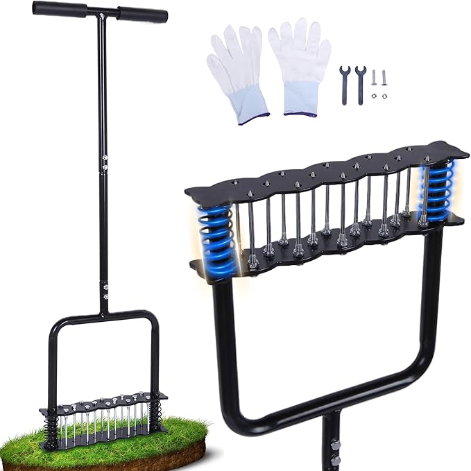 Manual Lawn Aerators with 14 Iron Spikes, Lawn Aerator Tool, Spring-Loaded Design Lawn Air Aerator Tool, Metal Manual Push Aerator, Lawn Tool for Loosening Soil Aerating Patio, Yard