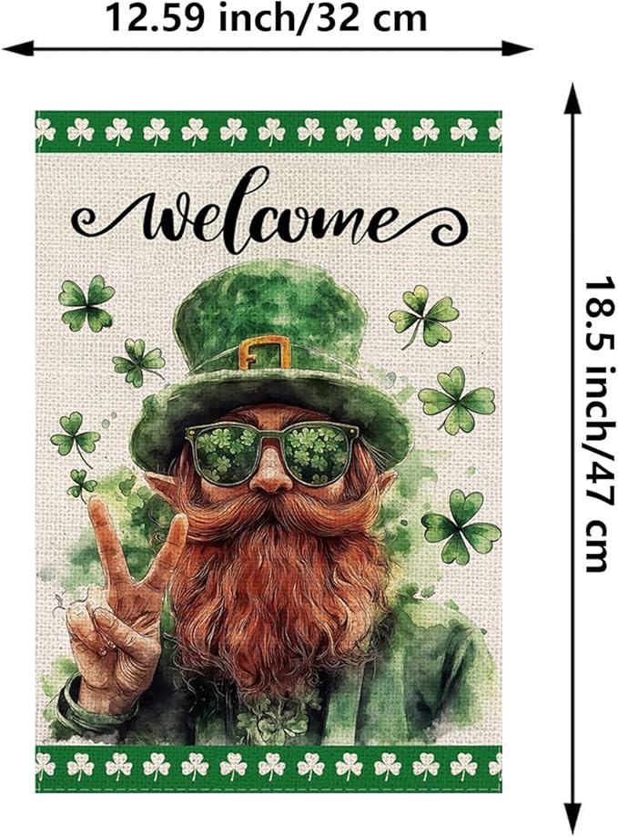 St Patricks Day Garden Flag - Leprechaun Shamrocks Green St Patricks Burlap Double Sided Holiday Flags Decorations for Yard lawn Outside Outdoor 12.5 x 18 Inch