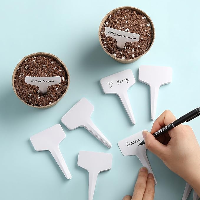 200 Pack Plant Labels T-Shape, 4 Inch Potted Plant Name Tags Plastic, Seedlings Seed Markers Nursery Plant Stake Tag with Marking Pen for Outdoor Indoor Garden Patio Flower Vegetable, White