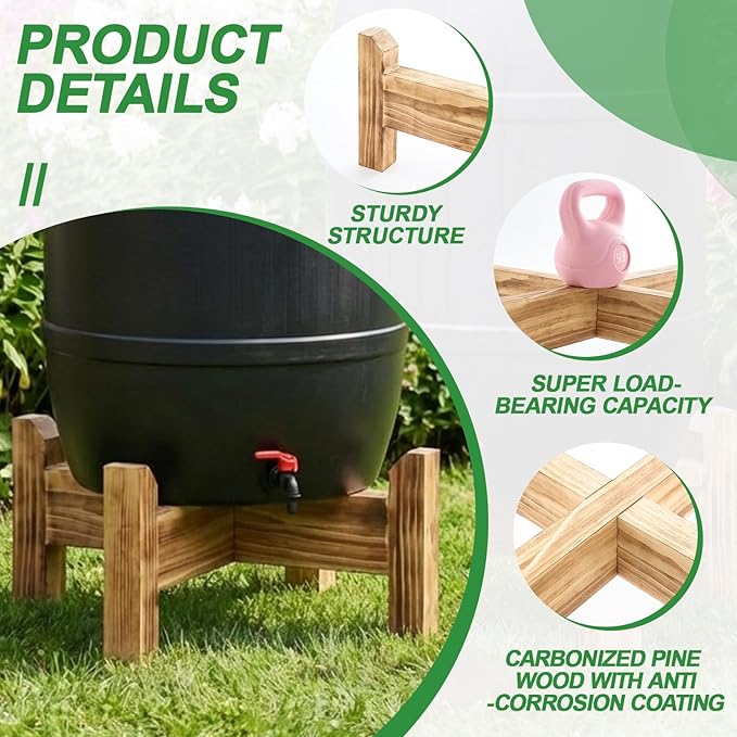 Lounsweer 45/50/55 Gallon Rain Barrel Stand, 500 lb Heavy-Duty Wooden Base for Rainwater Collection, Stable No-Bend Elevated Design, Fits Most Standard Barrels