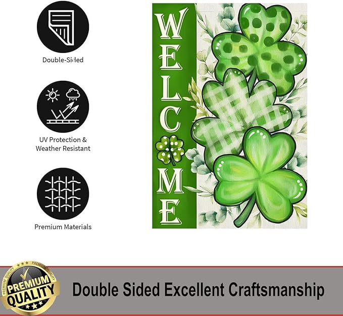 Welcome St Patricks Day Shamrock Garden Flags 12x18- Small Lucky Shamrock Garden Flag Double Sided Banner for Holiday Yard Outside