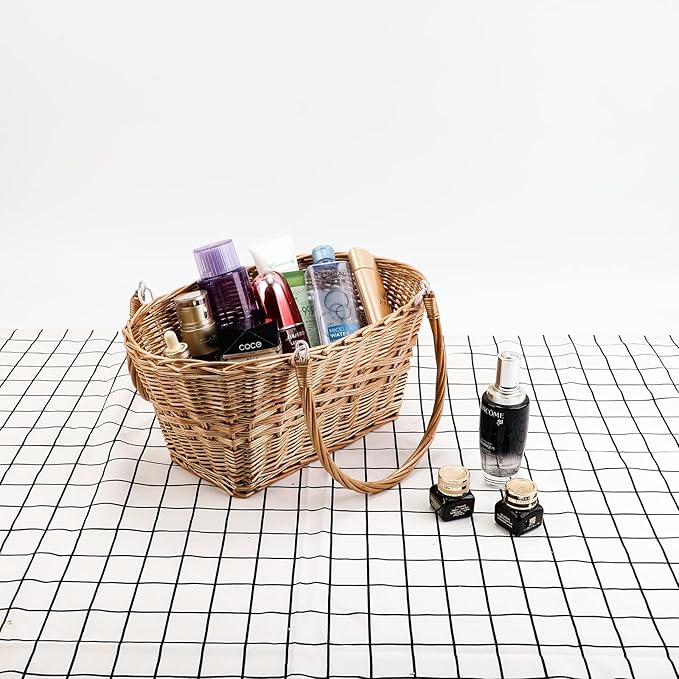 YAHUAN Rectangular Wicker Storage Baskets with Collapsible Handles, Hand Woven Wicker Basket for Shopping Picnic Garden Easter Candy