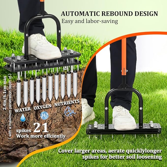 Lawn Aerator Tool – Grass & Yard Aerator, 4 Adjustable Height Settings, Metal Construction with Ergonomic Handle and Spring-Assisted Design for Effortless Yard Care.