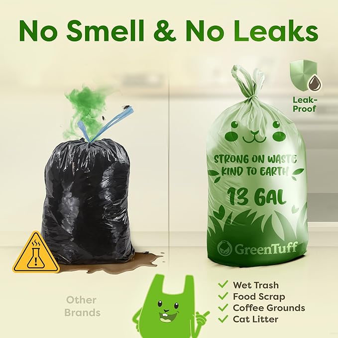 13 Gallon Compostable Trash Bags (40 Count) — Leakproof Plant-based Thick (1.1 Mil) Tall Kitchen Garbage Bags — ASTM D6400 BPI Certified — Heavy-Duty Large Food Scrap Liner Bag with Handle-Tie