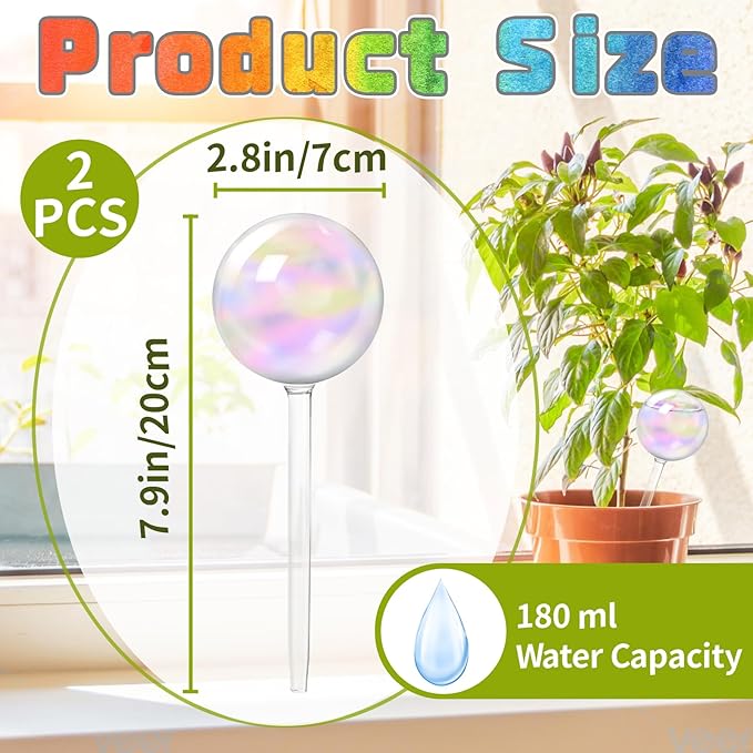 Bvrbaory 2 Pcs Iridescent Self Watering Globes,Rainbow Plant Watering Insert,Automatic Plant Waterer Glass Bulbs,Clear Glass Plant Water Globes for Indoor and Outdoor