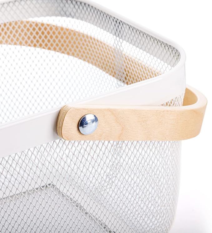 ZEAYEA Mesh Storage Basket with Handle, Garden Harvest Basket, Mesh Fruit Basket Bin for Gathering Vegetables, Multi-functional Metal Wire Basket for Kitchen Garden Picnic Cabinet, White