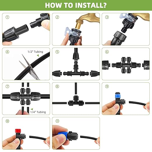 250FT Drip Irrigation System Kit, Automatic Garden Watering System with 1/2" Hose and 1/4" Distribution Tubing-Adjustable Nozzles & Sprinklers for Garden Irrigation, Yard, Lawn, Potted Plants。