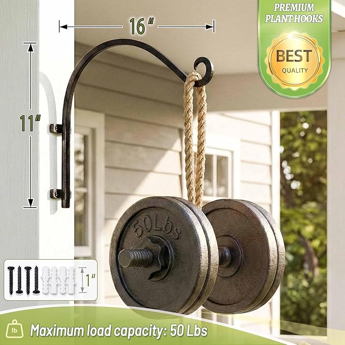 Heavy Duty Hanging Plant Bracket: 50lbs Weight Capacity - Bird Feeder Hangers 2 Packs, 12-Inch Black Metal Plant Bracket Wall Hook for Birdhouse, Wind Chimes, Lanterns, Easy to Install